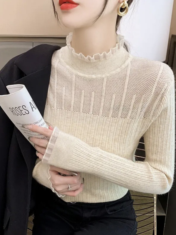 哥家商场同款女装2025秋季半高领镂空蕾丝木耳边女打底衫时尚洋气|undefined