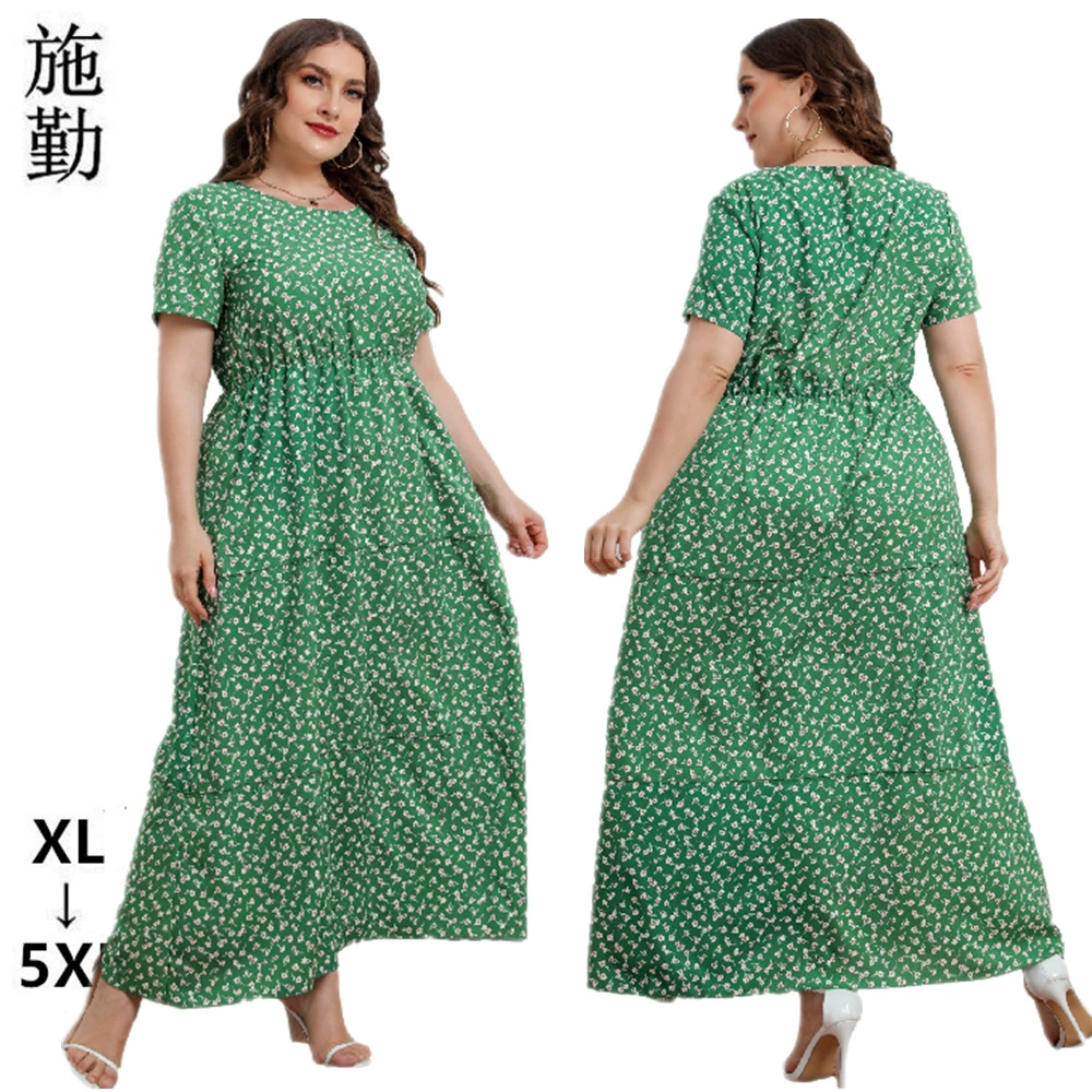 Новое летнее платье Amazon для полных женщин с круглым вырезом, длинными рукавами и цветочным принтом, короткий рукав, модель SQ0219