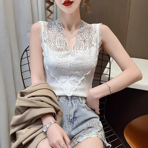 Curve-beaded Ice Silk Spring/Summer Knitted Camisole for Women: French-style V-neck Lace, Slimming, and Chic Sleeveless Top