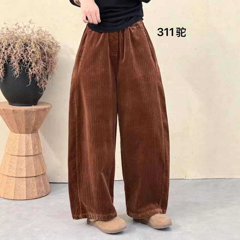弹力条绒休闲裤女 2025秋新款松紧腰复古文艺宽松大码直筒裤 311|undefined