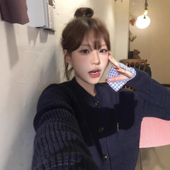 早秋韩系穿搭假两件衬衫拼接针织开衫女装毛衣外套短款藏青色上衣