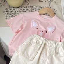 新款中小女童宝宝可爱立体小猪短袖t恤半袖上衣休闲宽松粉色白色