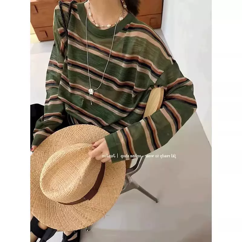 条纹撞色冰丝针织防晒外搭上衣女夏季松弛慵懒感宽松长袖罩衫t恤