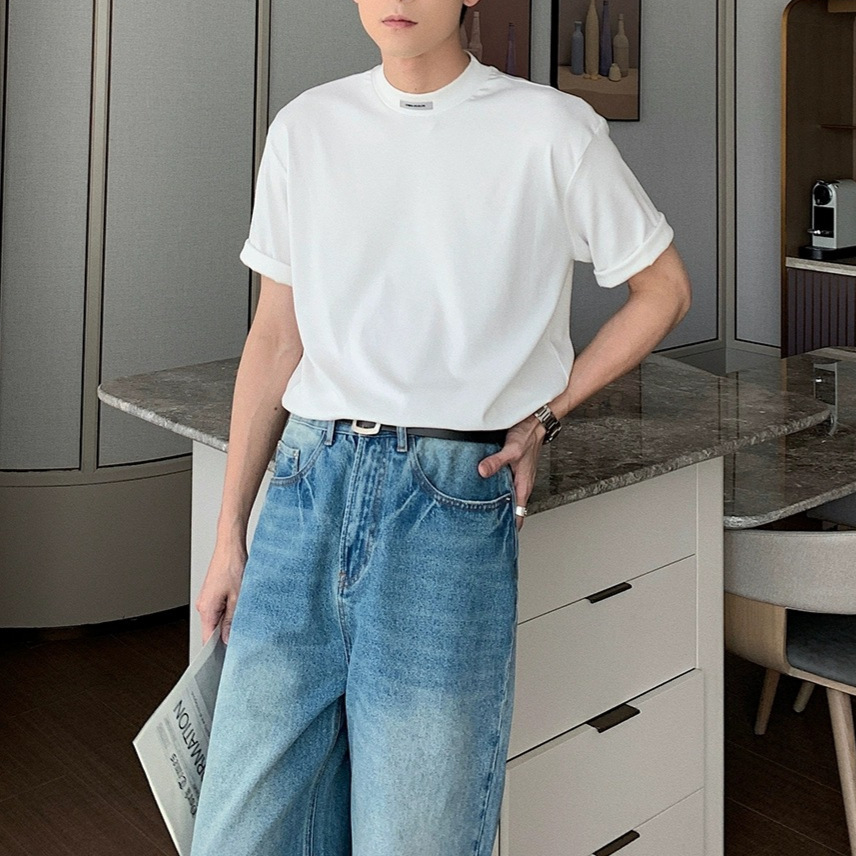 여름 반 높이 칼라 풀오버 반팔 티셔츠 남자 패셔너블한 남자 일본식 슬림핏 올매치 솔리드 컬러베이스 셔츠