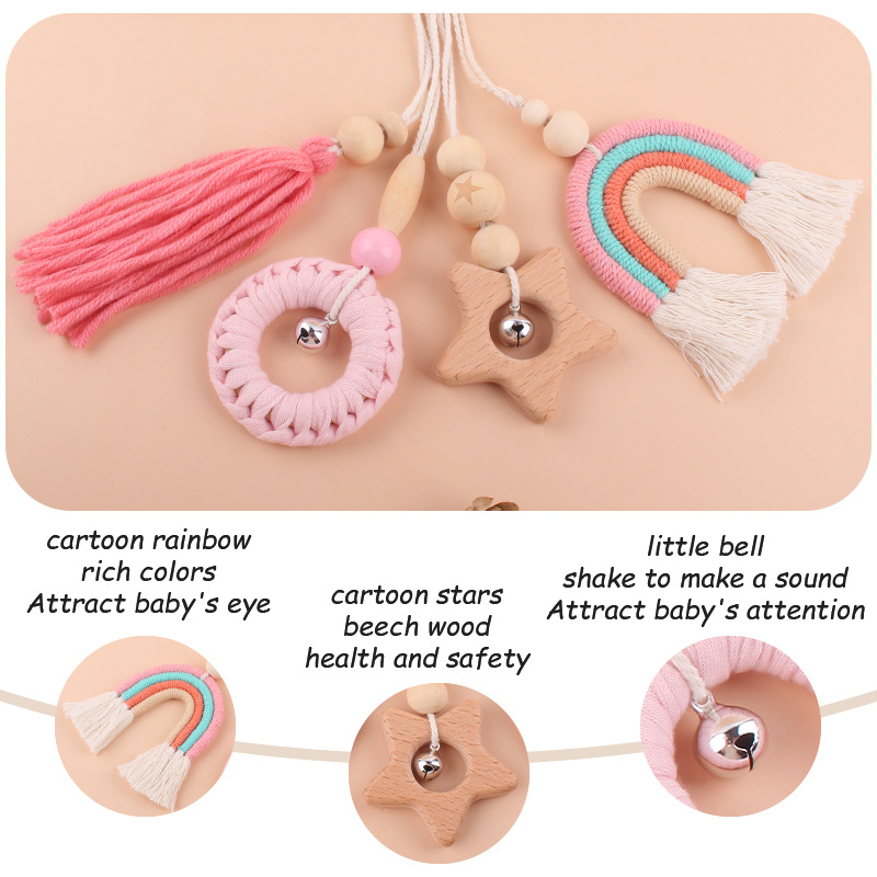 Bebé suministros dibujos animados Arco Iris colgante de cuatro piezas niños de educación temprana hecho a mano tejida haya sonajero juguete