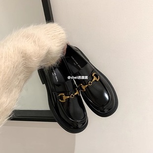 Sheepskin Version ~ Palace of Bure ~ Horsebit Round Toe Thick Heel Thick Sole Small Leather Shoes Women's Loafers Autumn and Winter New Fashion