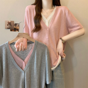 2025 Plus Size Summer Vacation Two-Piece V Neck Knitwear for Fat Girls, Versatile Loose Pullover Ice Silk T-Shirt Top