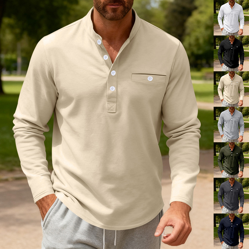 跨境欧美TK热卖男士打底衫秋冬宽松休闲斜纹立领亨利衫长袖t恤男