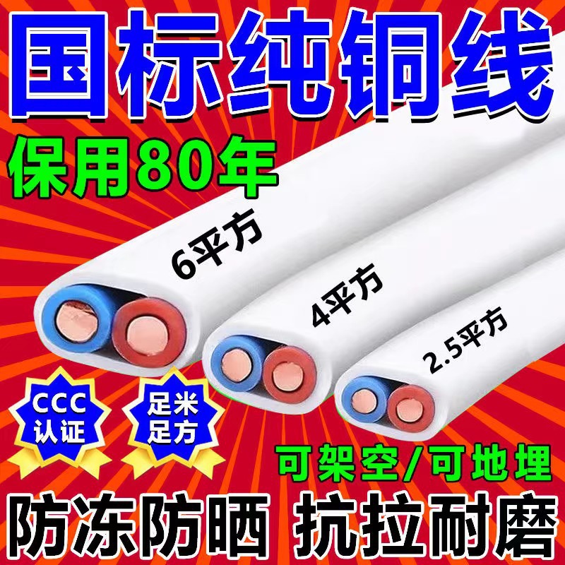 国标纯铜电线双芯BVVB/RVVB铜芯硬软线2.5/4/6平方电缆家装护套线