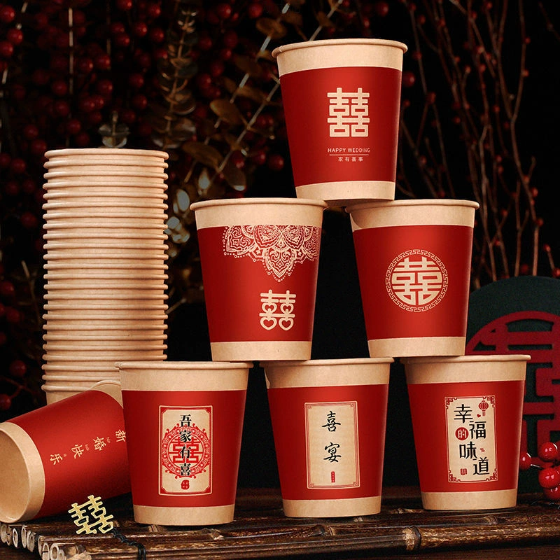 Wedding paper cup with happy words thickened disposable happy cup wedding supplies wedding home red festive water cup wholesale