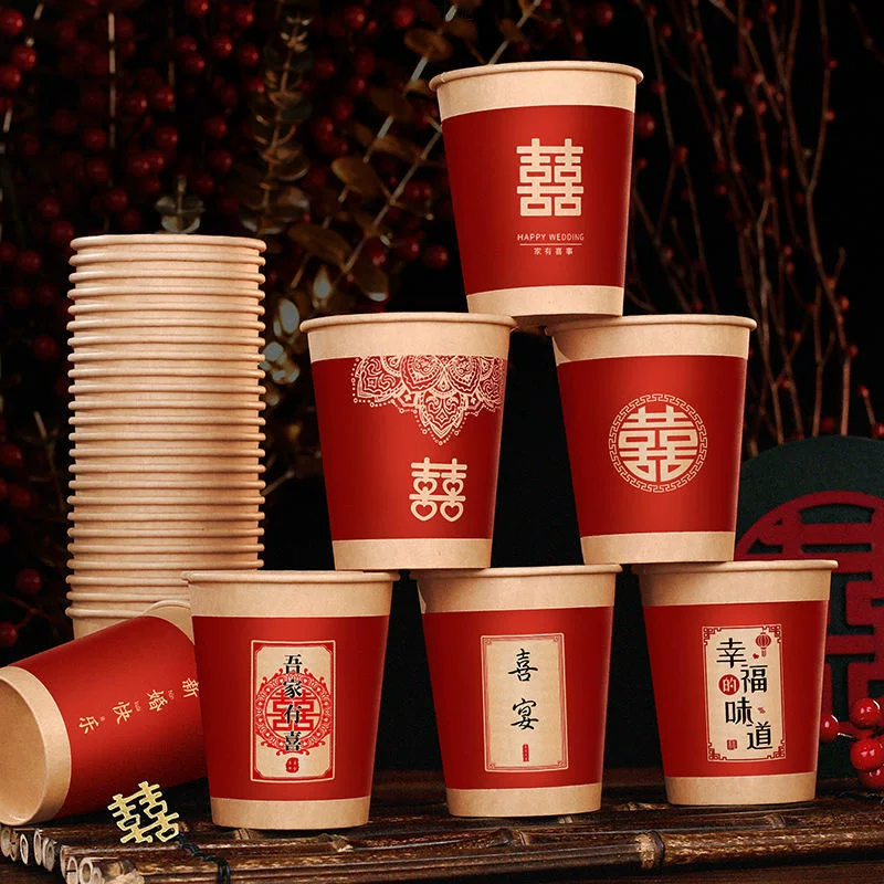 Wedding paper cup with happy words thickened disposable happy cup wedding supplies wedding home red festive water cup wholesale