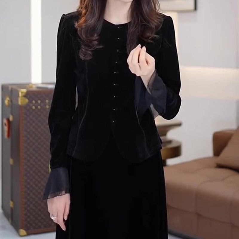 轻奢气质丝绒拼接网纱收腰长袖衬衫2025秋季高级感修身洋气衬衣女|undefined