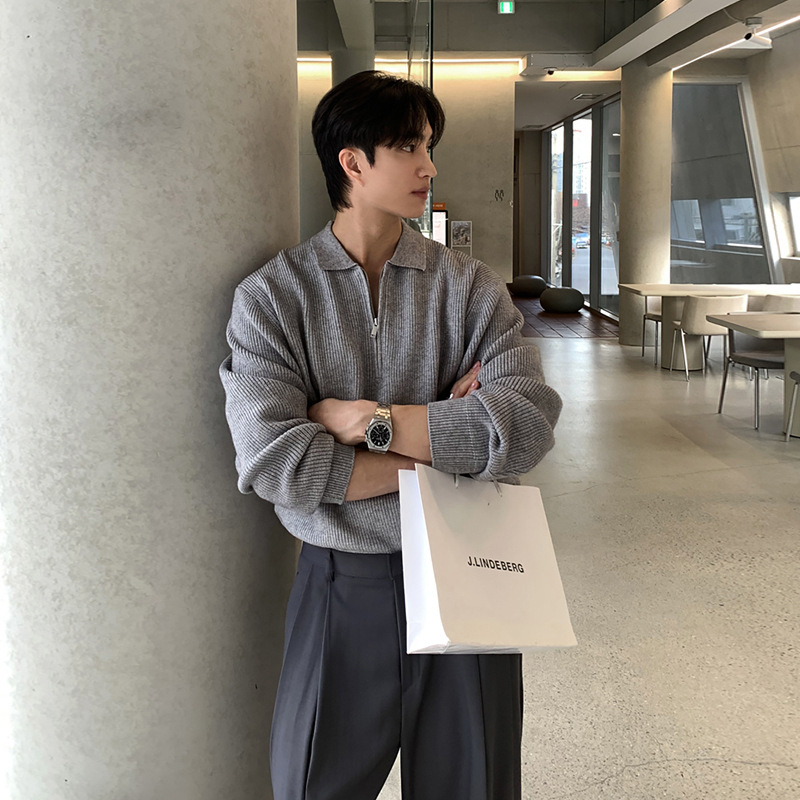 ASCLO Korean Style Fashionable Half Zip Sweater Men's Autumn and Winter Fashionable Casual Long Sleeve Lapel Sweater Loose Top