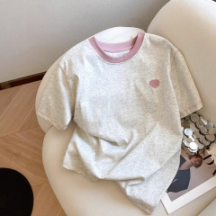 アメリカンレトログレー半袖Tシャツレディース2025新作夏デザインニッチヨーロッパファッション右肩トップ