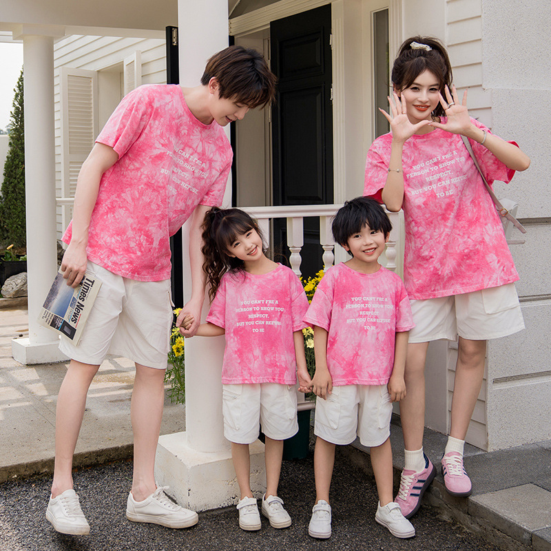 New Ins Family Wear Tie-Dye T-Shirt Loose Casual Short-Sleeved Five-Quarter Pants Letter Short-Sleeved Refreshing Small Fresh Suit