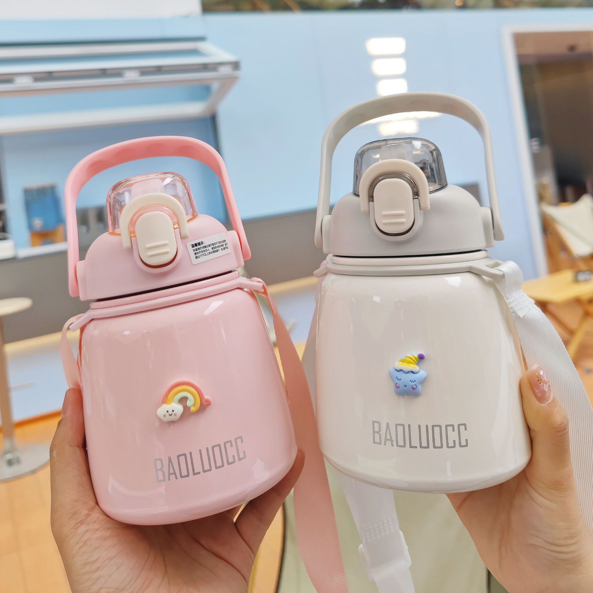 新款简约不锈钢大肚保温杯时尚便携背带真空水杯精品礼品杯子批发