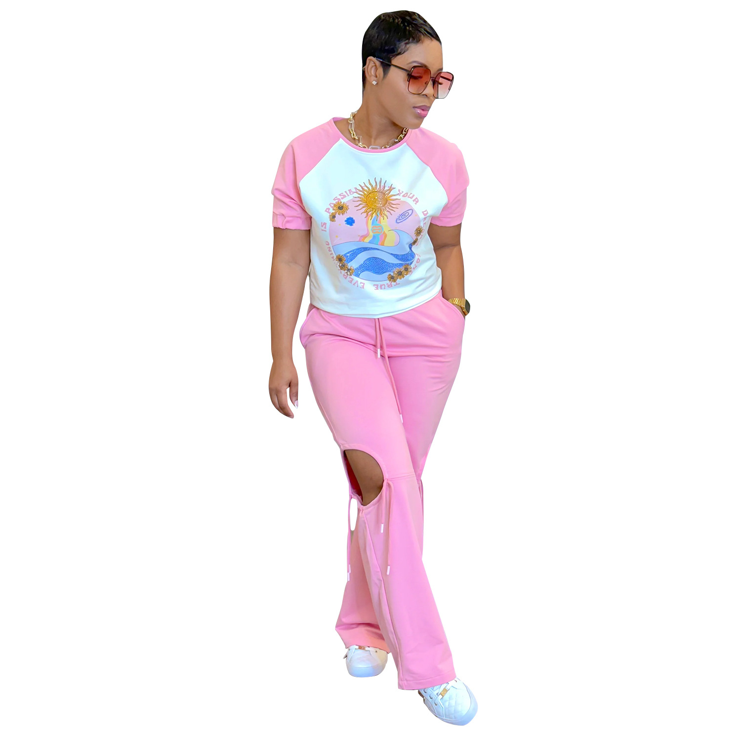 C6998 Aliexpress transfronterizo Amazon estación independiente de moda europea y americana impresión multicolor de ropa de mujer manga corta pantalón largo conjunto