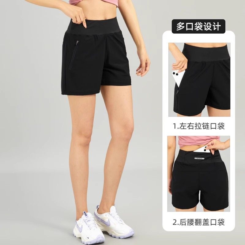 Pantalones cortos deportivos de mujer hielo rápido secado bolsillo de cintura trasero puede poner el teléfono móvil yoga pantalones casuales sueltos corredores cortos comercio exterior