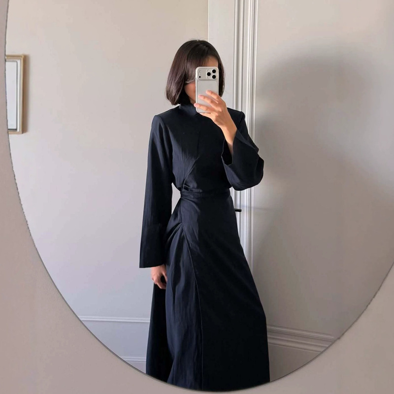 2026 European and American Amazon Women's New High-End Solid Color High-Neck Long Robe High-Waisted Leggings Set