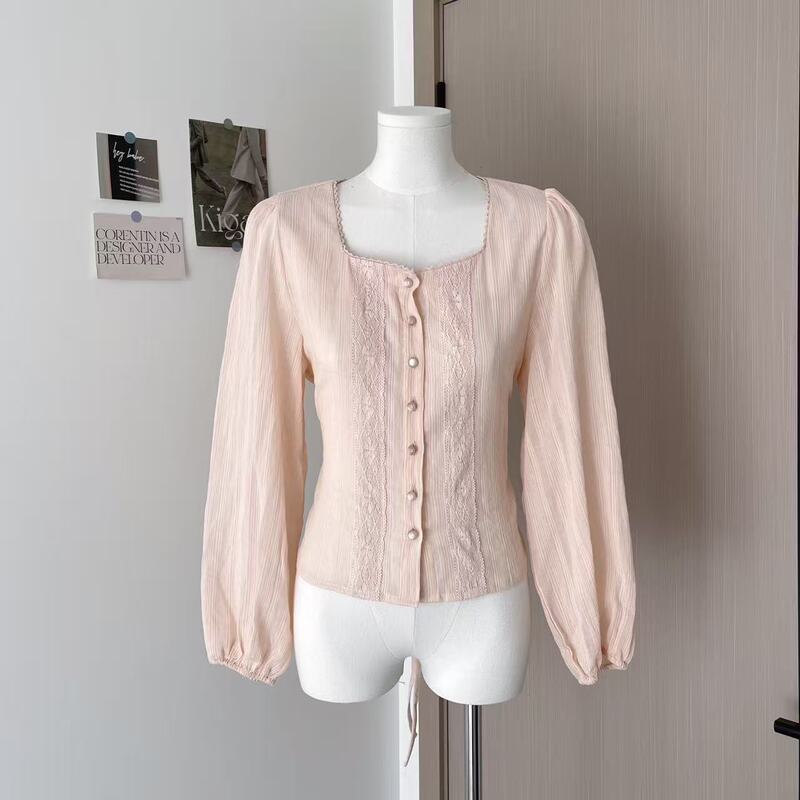 Korean Style Early Autumn Wear, Small Fragrant Top, Elegant Waist Slimming Lace Splicing Pink Square Collar Long-Sleeved Shirt for Women