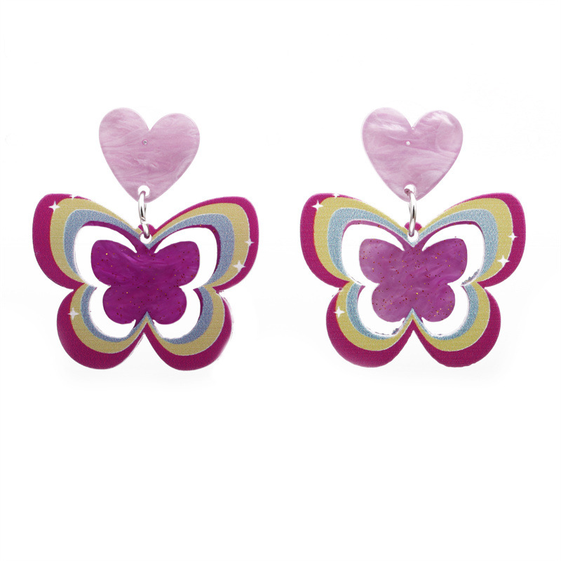 Europa y América simple púrpura amor mariposa contraste color acrílico Stud pendientes verano acrílico arco pendientes