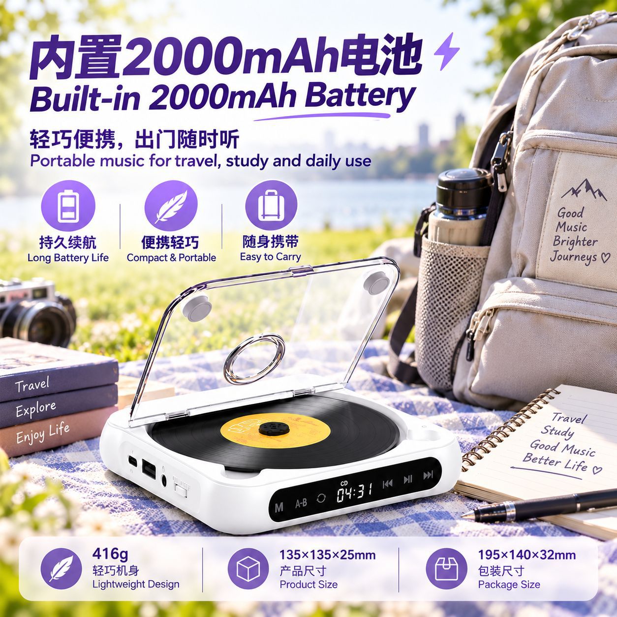 Reproductor de CD Portátil Bluetooth de Plástico ABS con Pantalla Recargable para Estudiantes