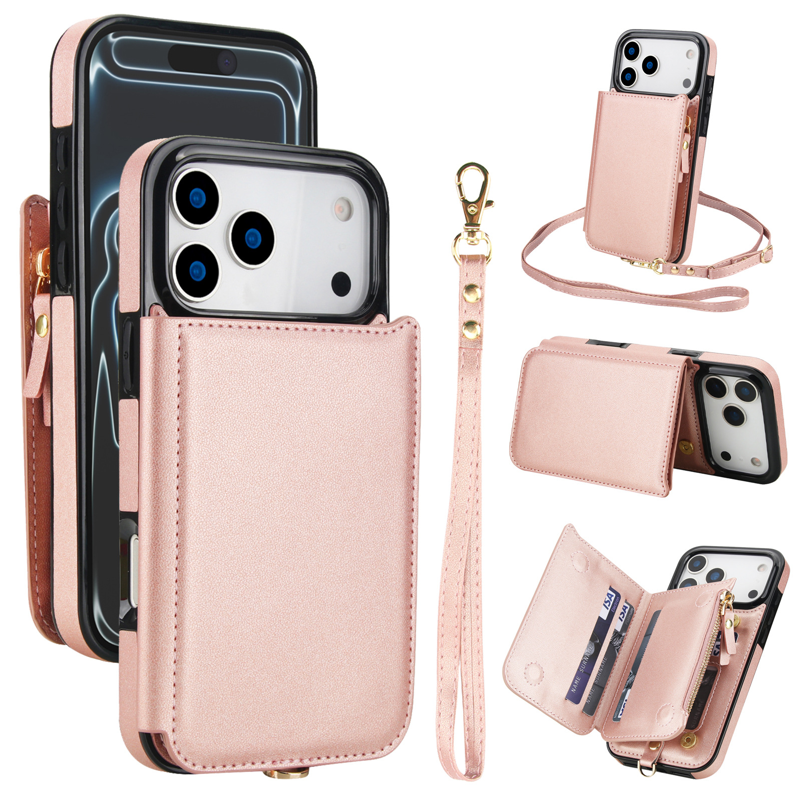 Aplicable a Apple iPhone17 doble tapa de cremallera doble fijación caso de teléfono móvil se puede desprender mano de la parte posterior inclinada soporte de tarjeta cubierta de cuero image 10