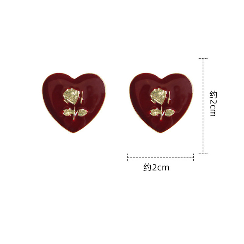 Europäischer Und Amerikanischer Schmuck Retro Tropfende Ölrose Rote Herzförmige Ohrstecker display picture 2