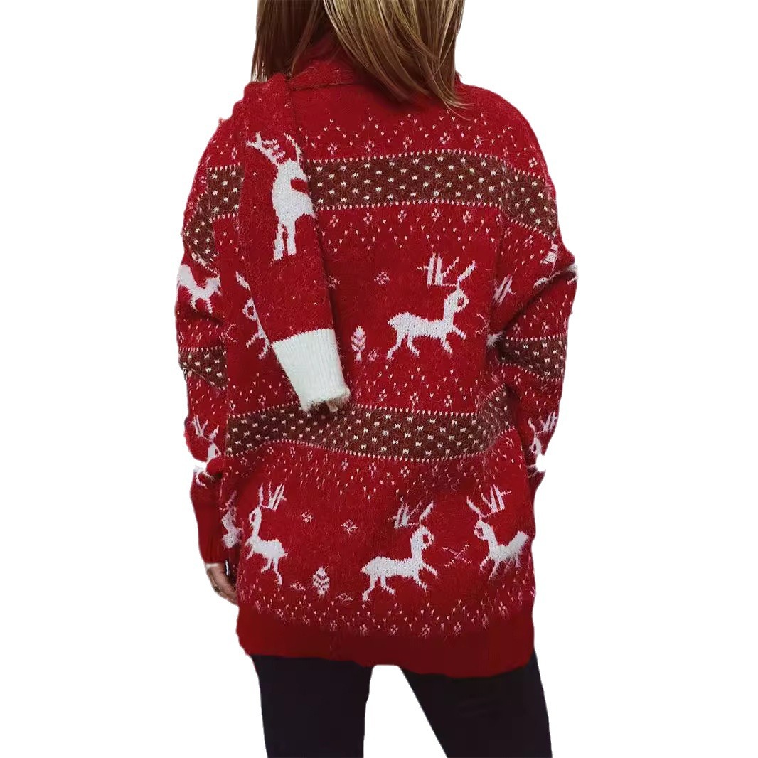 Damenbekleidung Herbst und Winter Neu Rundhals Langarm Hirsch Schneeflocke Jacquard Weihnachtspullover Schal Zweiteiliges Set_voghion.com