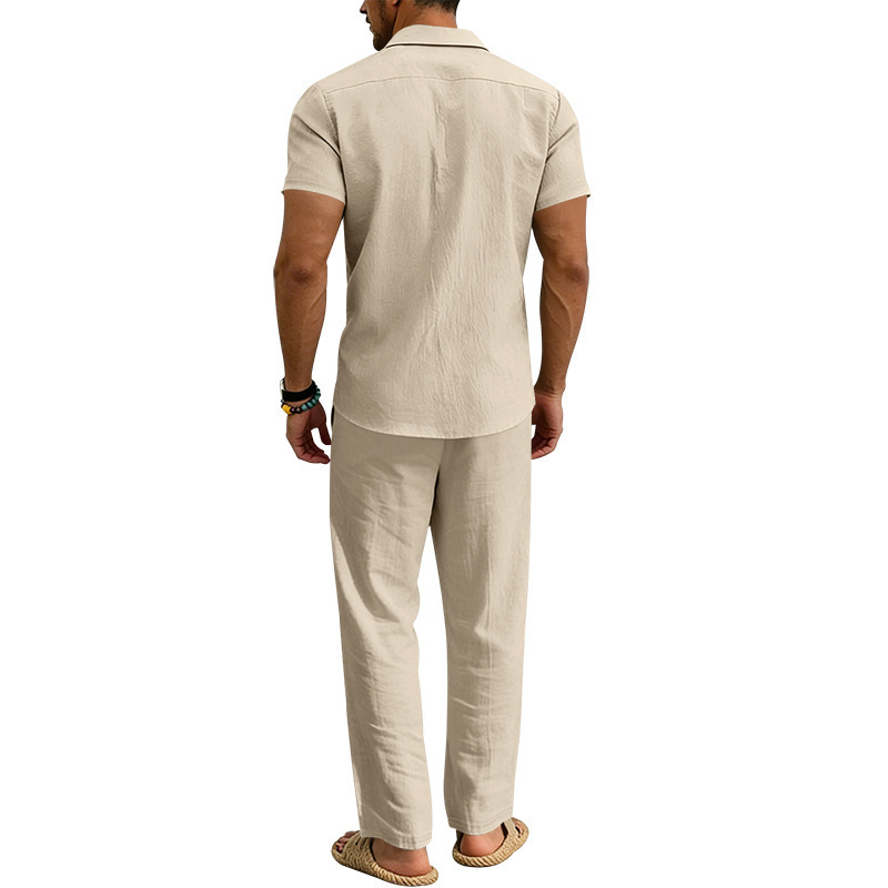 Men's Linen Short Sleeve Shirt And Pants Set, Casual Breathable Two-Piece Outfit For Summer, Relaxed Fit Linen Lounge Set_viptrois.com
