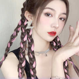 假发辫子鱼骨辫双高马尾仿真发彩色挑染假发接发片女团麻花拳击辫
