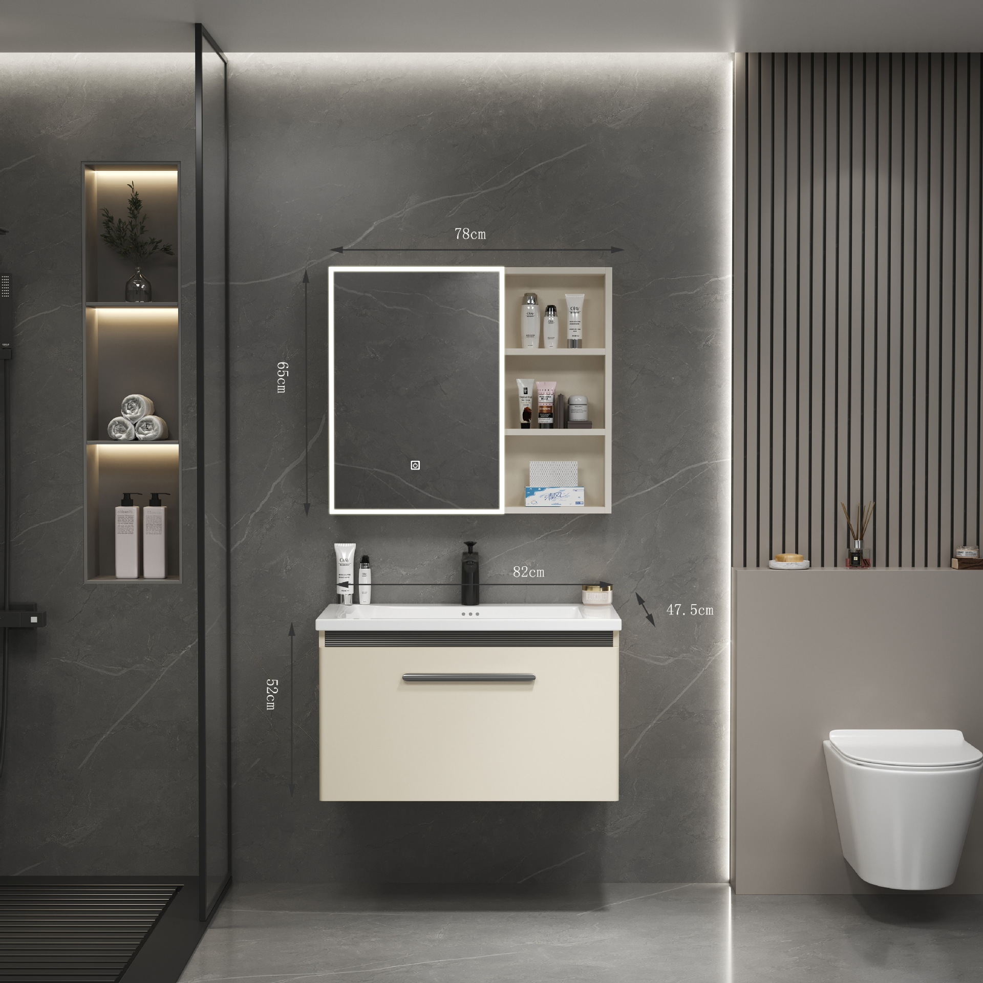 Moderno simple estilo crema de acero inoxidable inteligente espejo de maquillaje gabinete de cerámica integrado lavabo de baño gabinete de lavado de baño