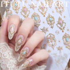 跨境美甲复古重工巴洛克轻奢宫廷风珐琅彩宝石烫金图腾指甲贴纸