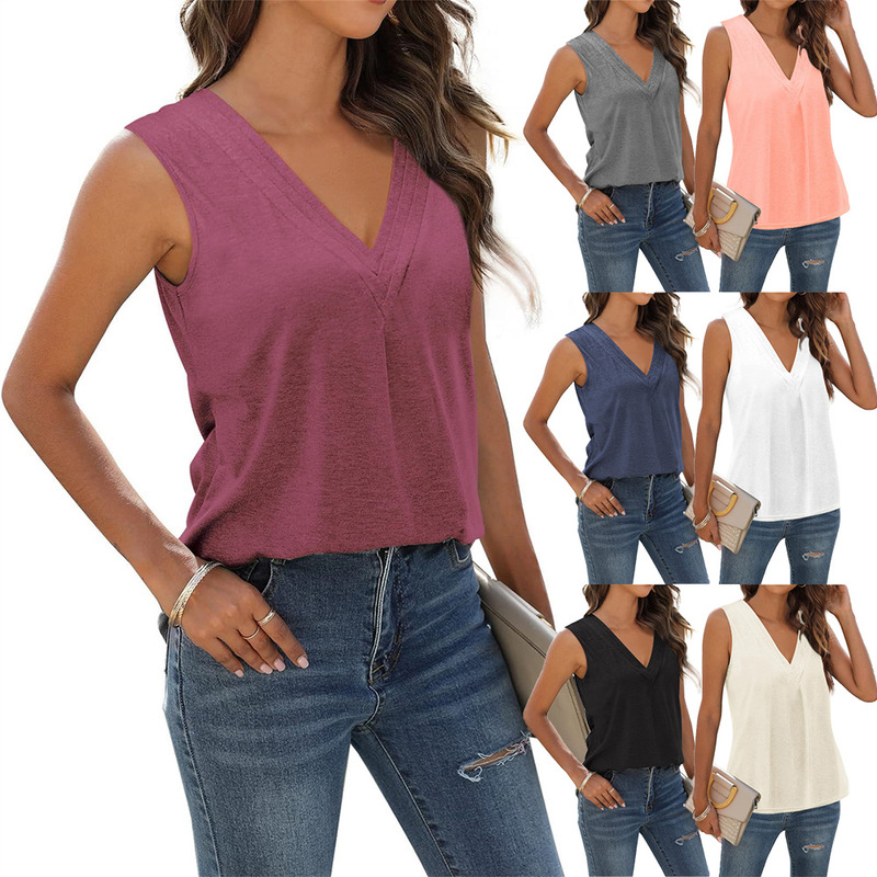 European and American Cross-border Amazon 2024 Summer Women's Three-layer V-neck Vest Fashion Sleeveless Shirt Casual Loose T-shirt