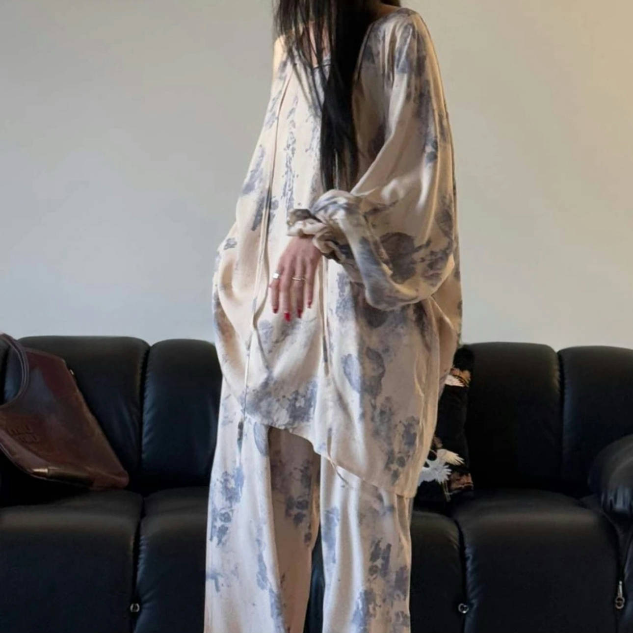 [Traje de casa de bolsillo] Pijamas de seda de algodón de primavera y verano, mangas de linterna de estilo nacional femenino, pantalones de manga larga de algodón, servicio a domicilio