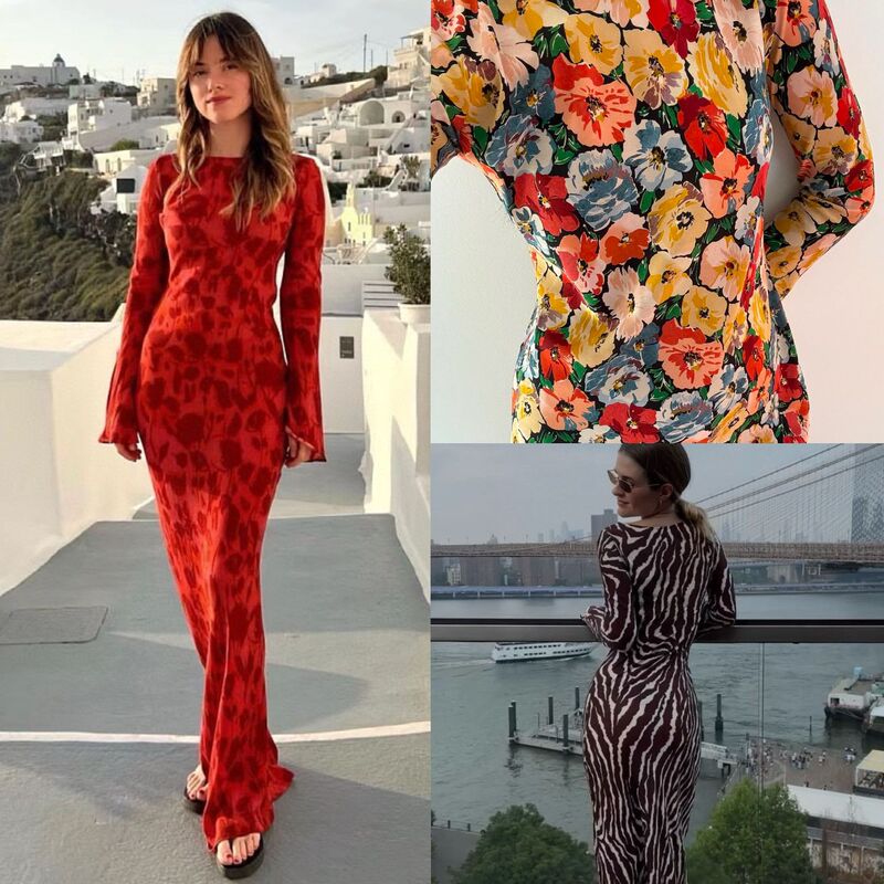 Powerful Aura · Light Luxury Bias-Cut Silk Floor-Length Dress with Red Rose Print, Round Neck, Bell Sleeves, Slim Fit