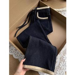 加绒加厚深蓝色直筒牛仔裤女冬季新款大码胖mm高腰宽松显瘦阔腿裤