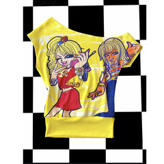 Y2K ミレニアムホットガール原宿渋谷サブカルチャー二次元漫画プリント非対称斜めショルダートップ半袖 Tシャツ