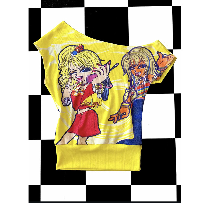 Y2K Millennial Hot Girl Harajuku Shibuya Subculture Two-Dimensional Cartoon Print Asymmetric Shoulder Top Short-Sleeved T-Shirt