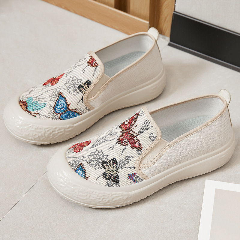 Spring 2025 New Arrival Floral Butterfly Shoes Casual Canvas Shoes Soft Sole Slip-on Cloth Shoes Light Women's Shoes