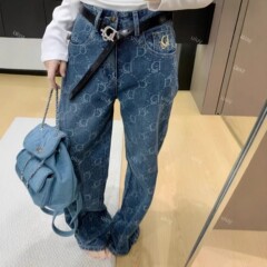 设计感小众2025春秋新款今年流行爆款宽松直筒阔腿印花牛仔裤子女