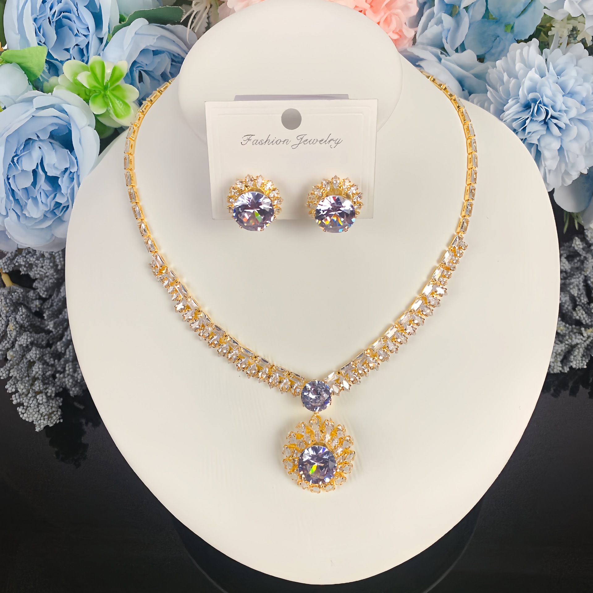 Collar de color de la industria pesada amazona orejas joyas set de moda de lujo vestido de novia cena joyas de zircon mujer image 40