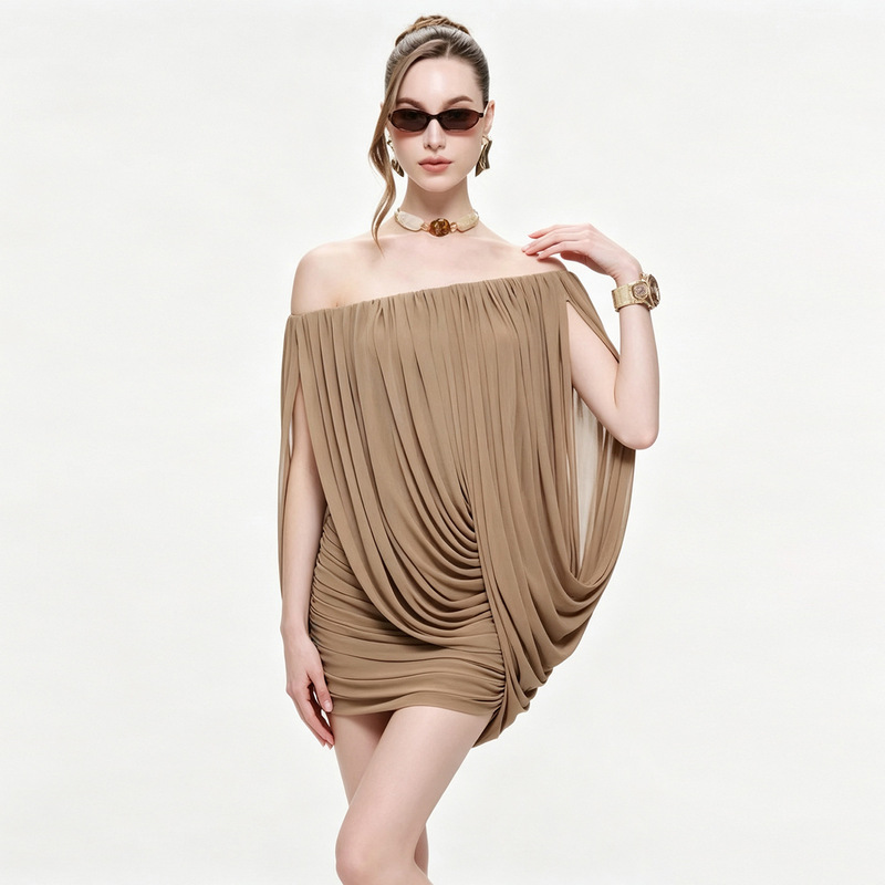 2026 Cross-Border European and American Style Women's Summer New Strapless Asymmetrical Shoulder Design Pleated Irregular Dress for Women