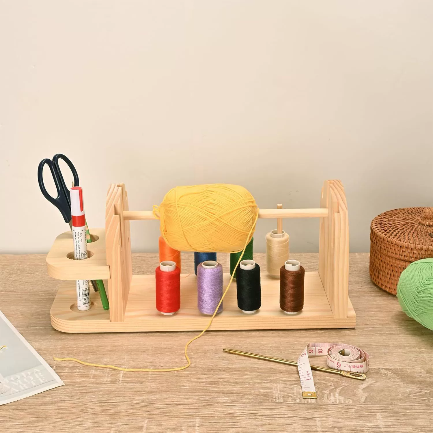 Многофункциональная стойка для хранения шерсти из цельного дерева Стеллаж для шитья и вышивания Регулируемая Съемная стойка для швейных ниток из бука
