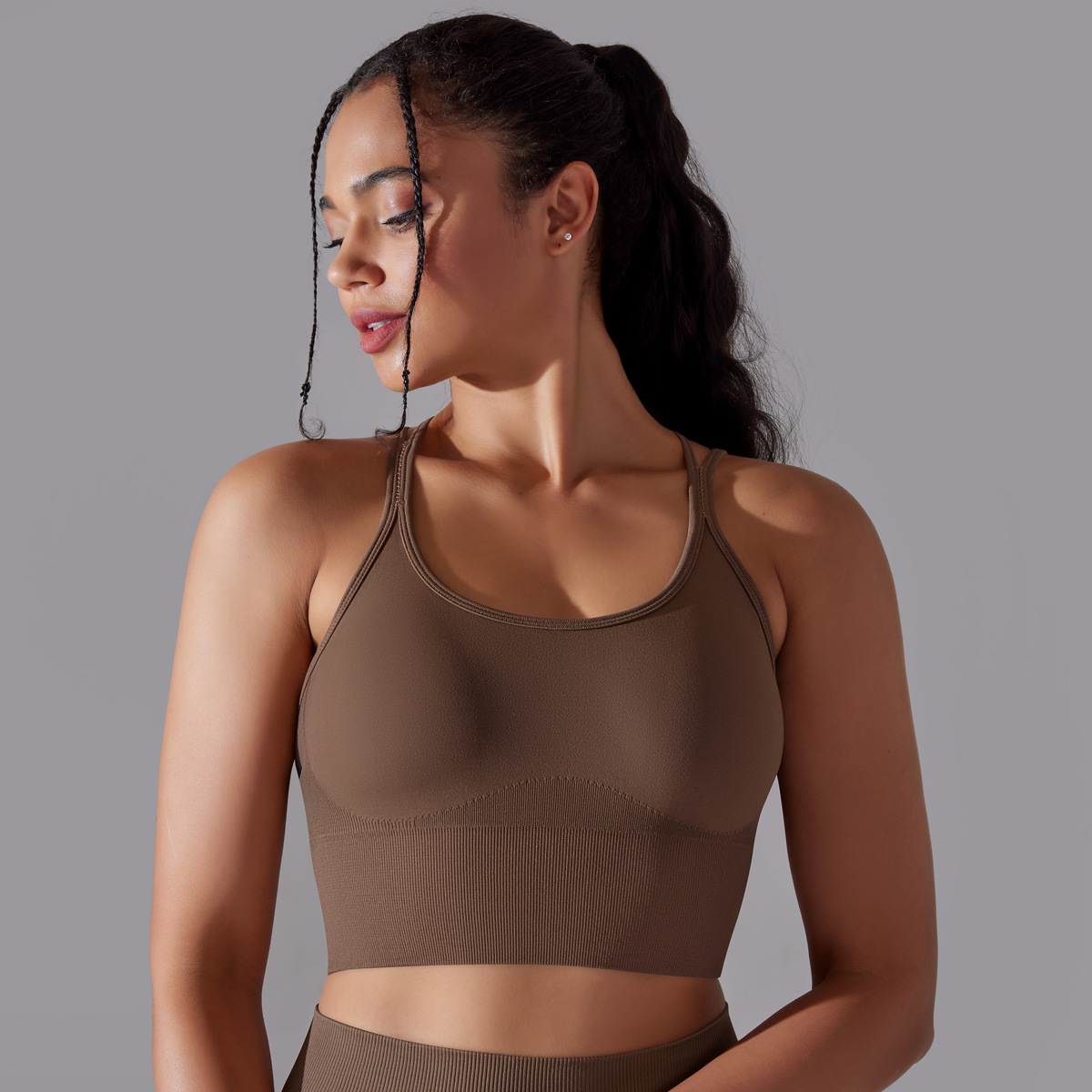 Seamless Solid Color Cross Back Sports Bra Vest Yoga Running Fitness Three-Piece Set_voghion.com