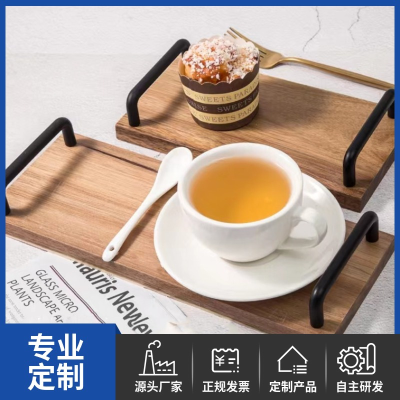 Acacia de madera cinta de madera mango de metal Acacia madera sólida bandeja de madera pastel bandeja de fruta bandeja de té de la tarde