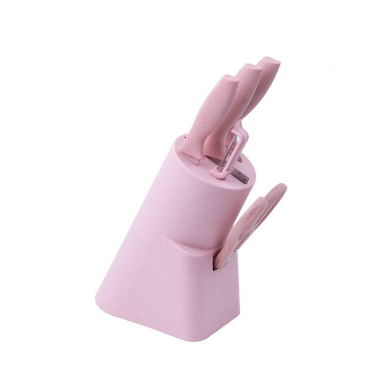 Fabricante de paja de trigo de color con cuchillo base 6 piezas de cuchillo de acero inoxidable cuchillo de cocina doméstico conjunto de regalo