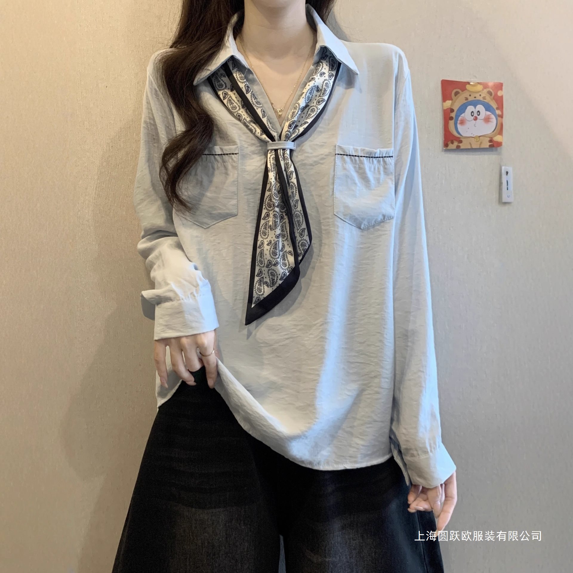 丝巾系带领长袖衬衫女春秋新款大码胖显瘦气质感打底上衣