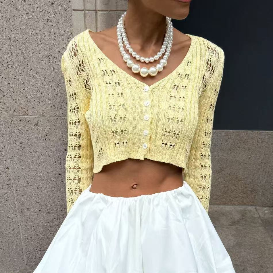 European And American Cross-border Fashion Hollow-out Cardigan For Women, New Solid Color Long-sleeve V-neck Short_voghion.com
