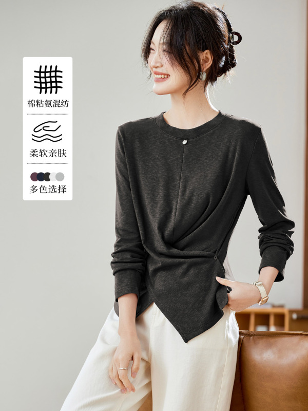 棉茧 紫色T恤衫女长袖2025秋冬装新款内搭上衣设计感不对称体恤|undefined